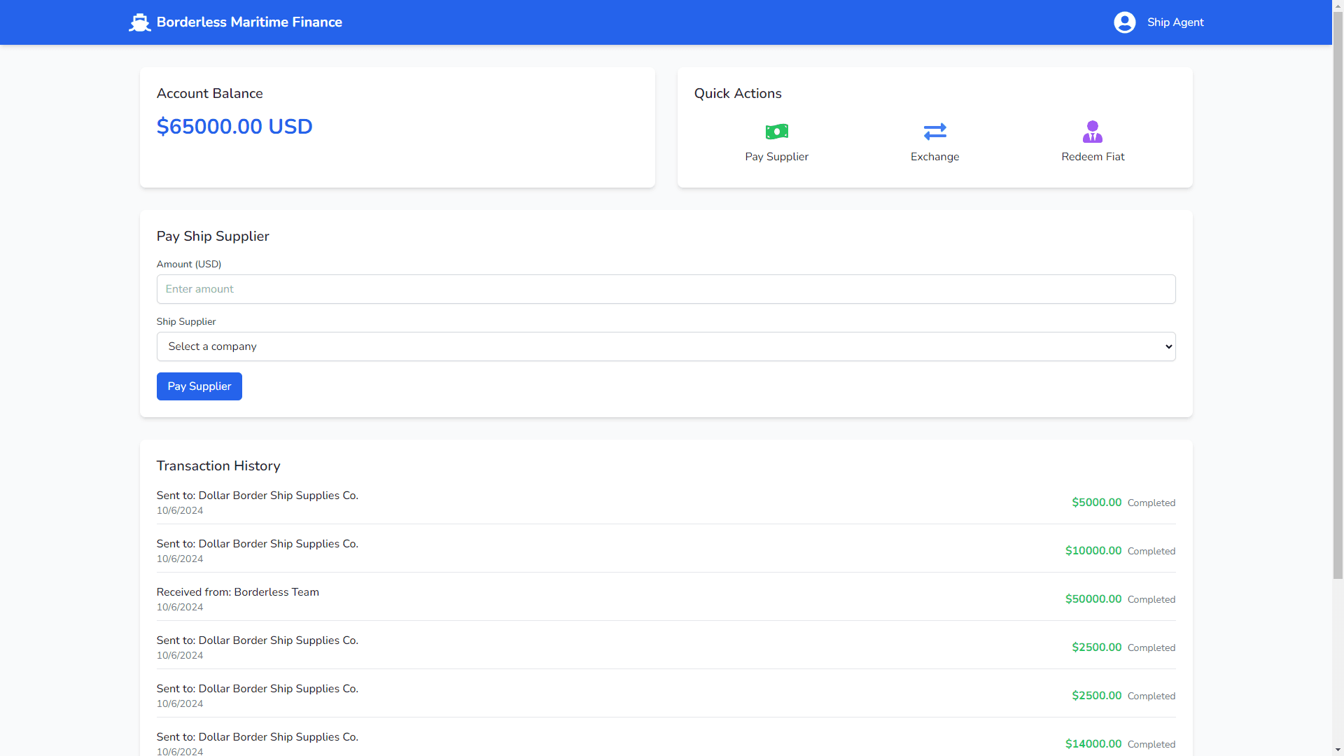 Agent dashboard — balance, pay supplier, transaction history